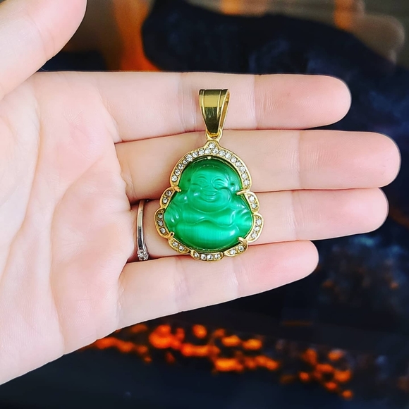 Green Cat Eye Flashy Buddha Carving Pendant Zirconia Stainless steel 🤩 - Picture 1 of 4